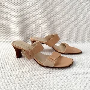 Anne Klein Tan Double Buckle Strap Stack Heel Bengal Slip On Sandals 8 New Read